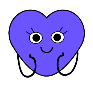 Ein lila Herz mit einem Cartoon-Gesicht, großen, ausdrucksstarken Augen, einem Lächeln. Es hört aufmerksam.