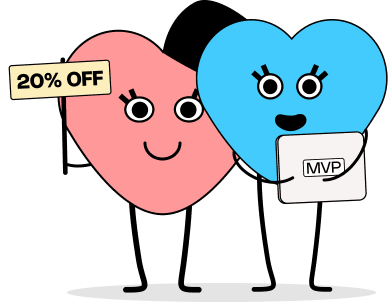 Zwei lachende Herzen. Das eine hält ein Schild, auf dem 20 % Rabatt steht, in der Hand. Das andere trägt ein Laptop, auf dem MVP steht.